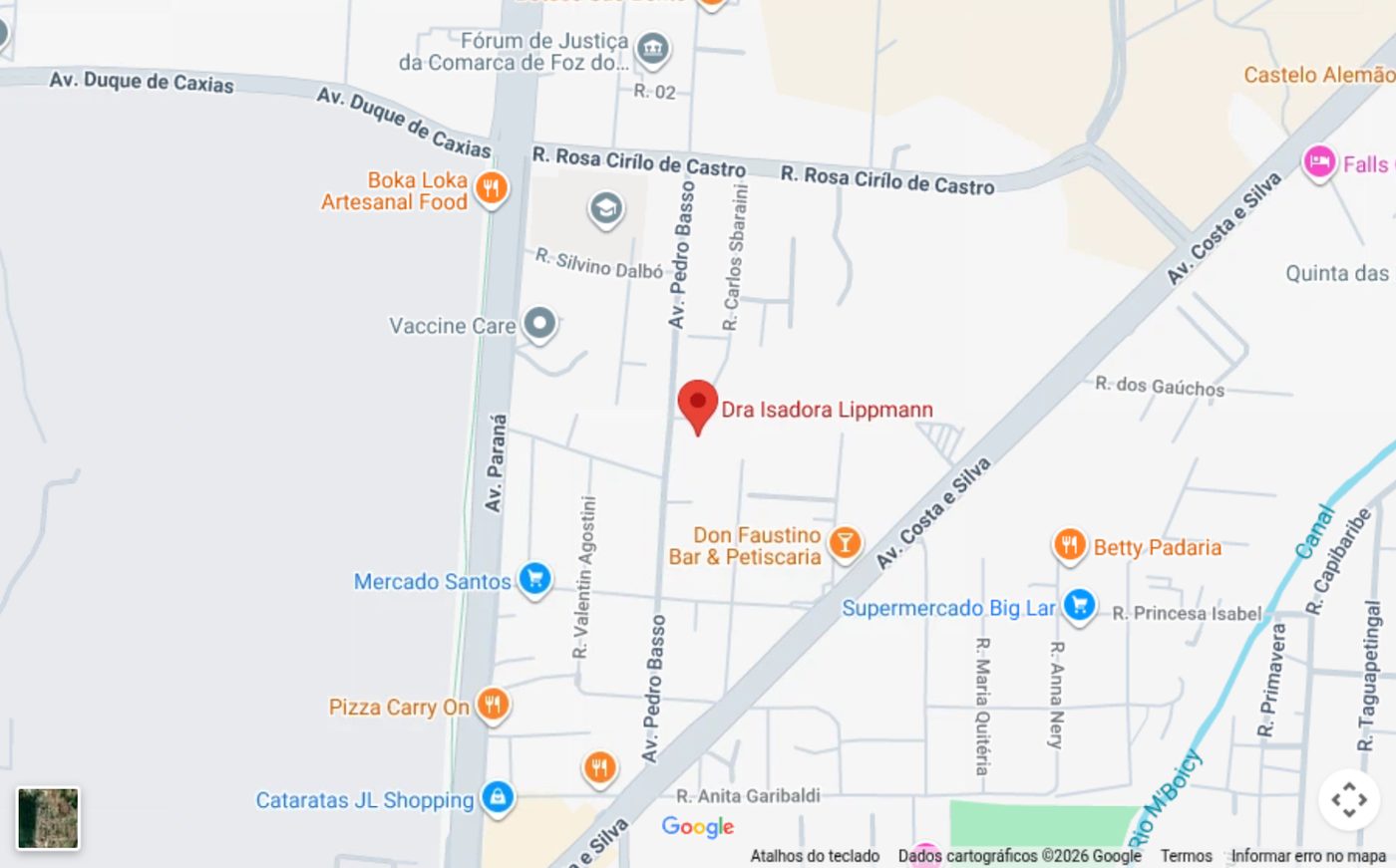 Mapa da localização do consultório da Dra. Isadora Lippmann — Av. Pedro Basso, 472, Foz do Iguaçu/PR